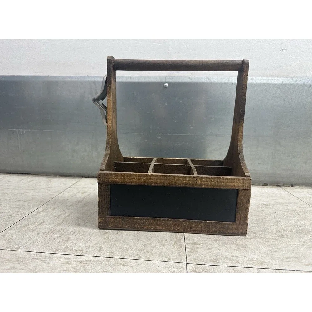 Rustic Wood 6 Bottle Beer Caddy Tote Dual Chalkboard Bottle Opener Carrier